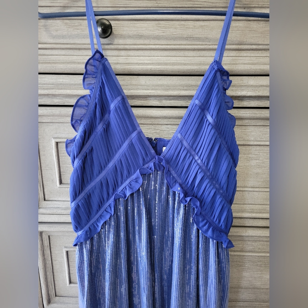 Maeve By Anthropology Blue Fluid Shine Ruffle Jumpsuit. New With Tags - Picture 6 of 10
